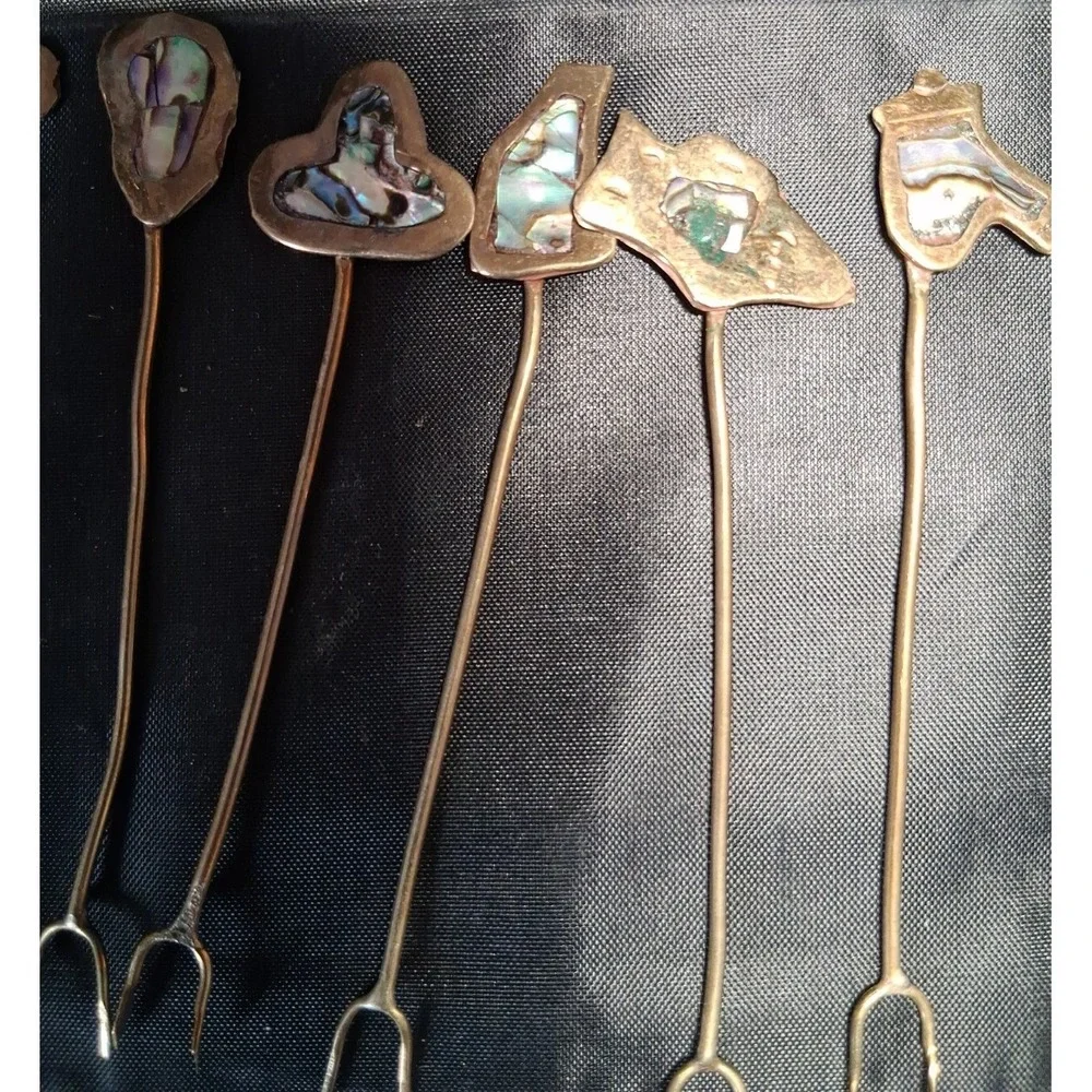 22 Vintage Mexican Alpaca Silver Cocktail Forks/Picks with Abalone Inlay